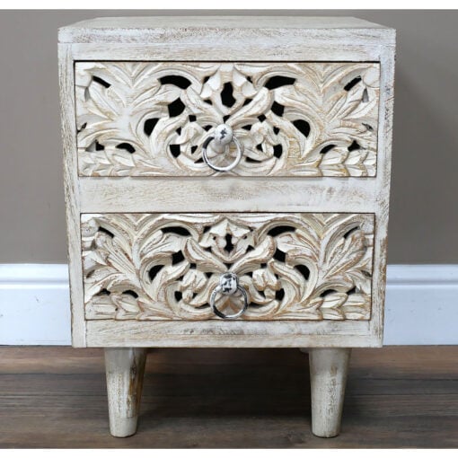 Boho Rustic Carved Solid White Washed Mango Wood 2 Drawer Bedside Table Cabinet