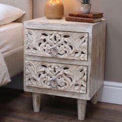 Boho Rustic Carved Solid White Washed Mango Wood 2 Drawer Bedside Table Cabinet