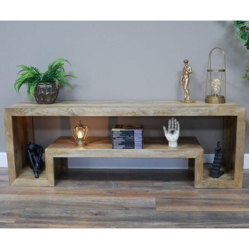 Boho Rustic Open 2 Tier Solid Light Mango Wood Large TV Stand 160cm