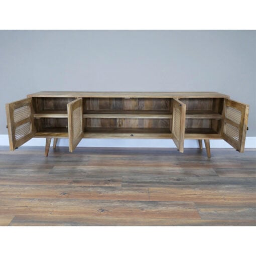 Boho Rustic Solid Light Acacia Wood And Rattan 4 Door Large TV Stand Low Sideboard Cabinet 180cm