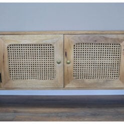 Boho Rustic Solid Light Acacia Wood And Rattan 4 Door Large TV Stand Low Sideboard Cabinet 180cm