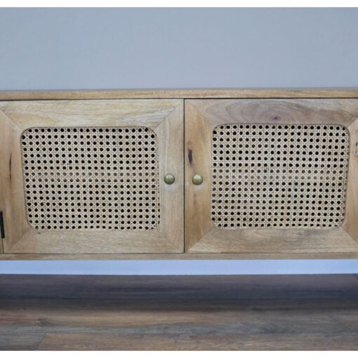 Boho Rustic Solid Light Acacia Wood And Rattan 4 Door Large TV Stand Low Sideboard Cabinet 180cm