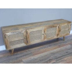 Boho Rustic Solid Light Acacia Wood And Rattan 4 Door Large TV Stand Low Sideboard Cabinet 180cm