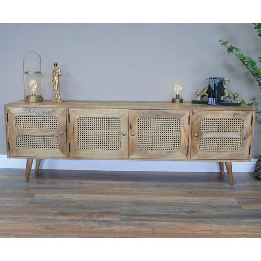 Boho Rustic Solid Light Acacia Wood And Rattan 4 Door Large TV Stand Low Sideboard Cabinet 180cm
