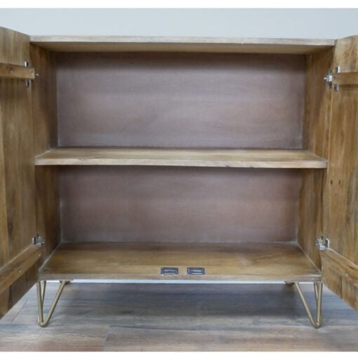 Boho Rustic Solid Light Mango Carved Wood And Gold Metal Sideboard Cabinet