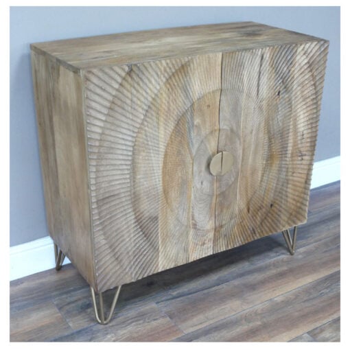 Boho Rustic Solid Light Mango Carved Wood And Gold Metal Sideboard Cabinet
