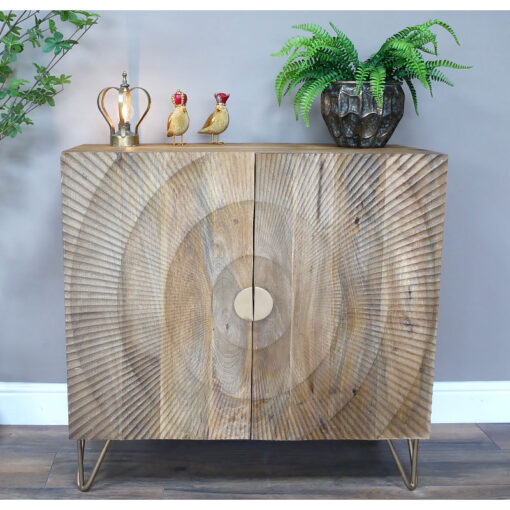 Boho Rustic Solid Light Mango Carved Wood And Gold Metal Sideboard Cabinet