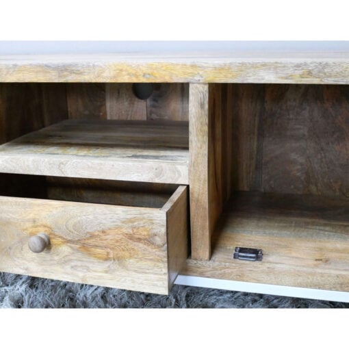 Boho Rustic Solid Light Mango Carved Wood And White Metal TV Stand 130cm