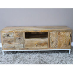 Boho Rustic Solid Light Mango Carved Wood And White Metal TV Stand 130cm