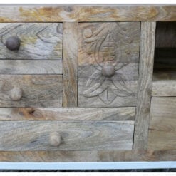 Boho Rustic Solid Light Mango Carved Wood And White Metal TV Stand 130cm