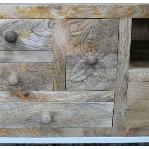 Boho Rustic Solid Light Mango Carved Wood And White Metal TV Stand 130cm