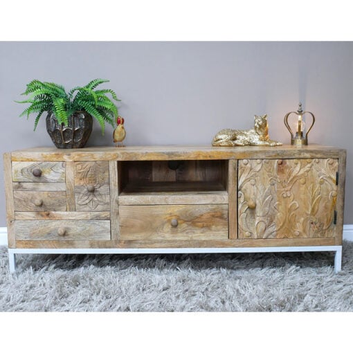 Boho Rustic Solid Light Mango Carved Wood And White Metal TV Stand 130cm
