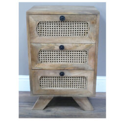 Boho Rustic Solid Light Mango Wood And Rattan 3 Drawer Bedside Cabinet