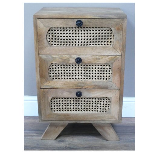 Boho Rustic Solid Light Mango Wood And Rattan 3 Drawer Bedside Cabinet