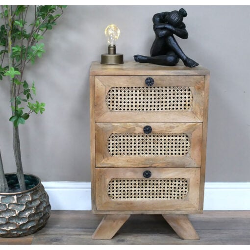 Boho Rustic Solid Light Mango Wood And Rattan 3 Drawer Bedside Cabinet