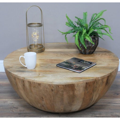 Boho Rustic Solid Light Mango Wood Round Coffee Table 90cm