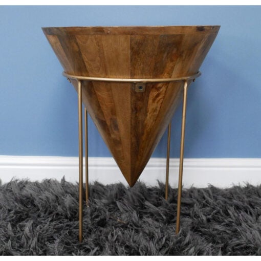 Boho Rustic Solid Mango Wood And Gold Metal Conical Side Table