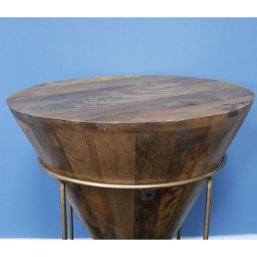 Boho Rustic Solid Mango Wood And Gold Metal Conical Side Table