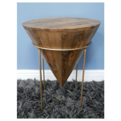 Boho Rustic Solid Mango Wood And Gold Metal Conical Side Table
