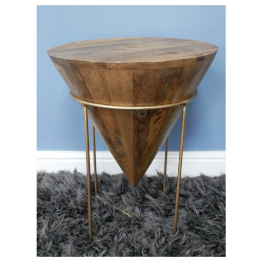 Boho Rustic Solid Mango Wood And Gold Metal Conical Side Table