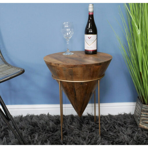 Boho Rustic Solid Mango Wood And Gold Metal Conical Side Table