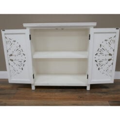 Boho Rustic Solid White Washed Carved Mandala Mango Wood Small Sideboard Cabinet