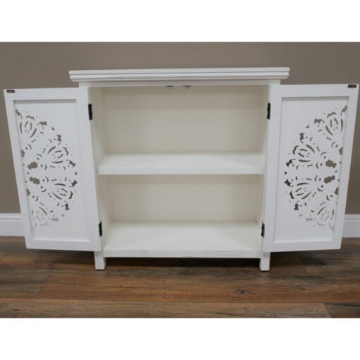 Boho Rustic Solid White Washed Carved Mandala Mango Wood Small Sideboard Cabinet