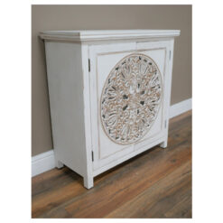 Boho Rustic Solid White Washed Carved Mandala Mango Wood Small Sideboard Cabinet