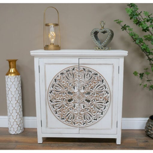 Boho Rustic Solid White Washed Carved Mandala Mango Wood Small Sideboard Cabinet