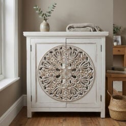 Boho Rustic Solid White Washed Carved Mandala Wood Small Sideboard Cabinet