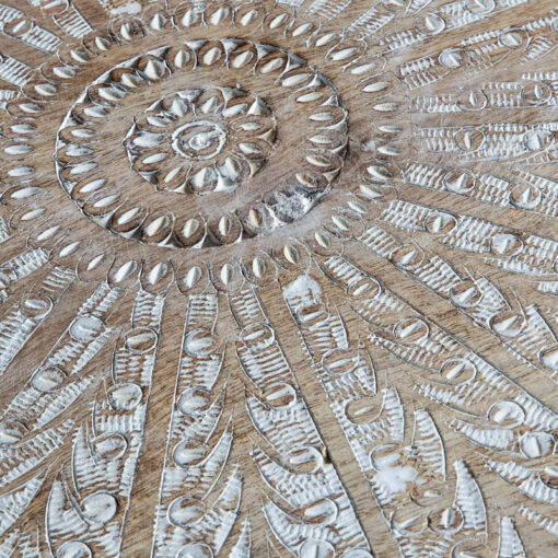 Boho Rustic Solid White Washed Mango Wood Carved Mandala Coffee Table 91cm