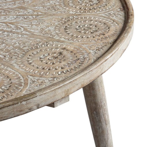 Boho Rustic Solid White Washed Mango Wood Carved Mandala Coffee Table 91cm