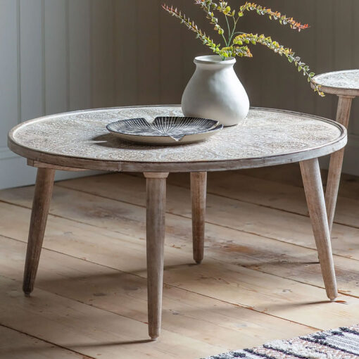 Boho Rustic Solid White Washed Mango Wood Carved Mandala Coffee Table 91cm