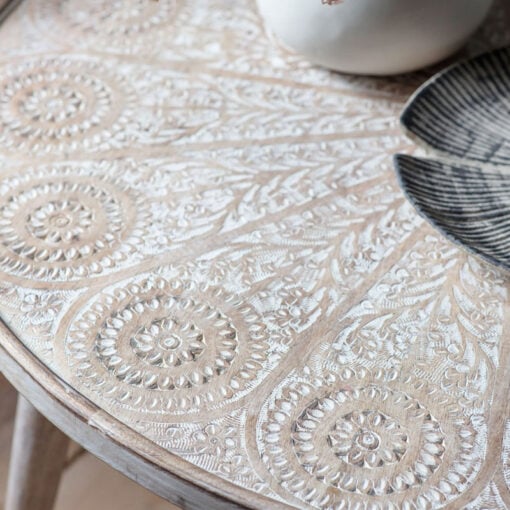 Boho Rustic Solid White Washed Mango Wood Carved Mandala Coffee Table 91cm