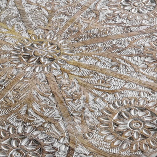 Boho Rustic Solid White Washed Mango Wood Carved Mandala Side Table