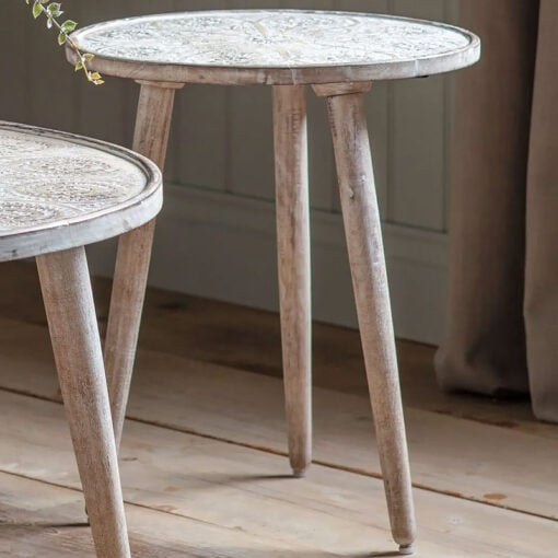 Boho Rustic Solid White Washed Mango Wood Carved Mandala Side Table