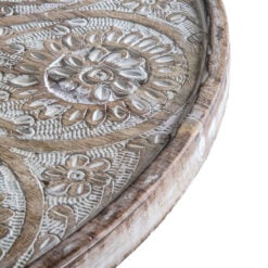 Boho Rustic Solid White Washed Mango Wood Carved Mandala Side Table
