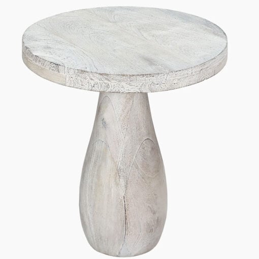 Boho Rustic White Washed Solid Mango Wood Pedestal Round Side Table