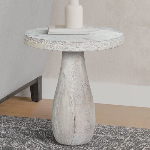 Boho Rustic White Washed Solid Mango Wood Pedestal Round Side Table