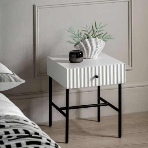 Boho Scandi White Wood And Black Metal 1 Scalloped Drawer Bedside Cabinet Side Table