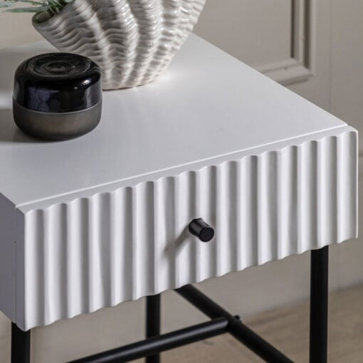 Boho Scandi White Wood And Black Metal 1 Scalloped Drawer Bedside Cabinet Side Table