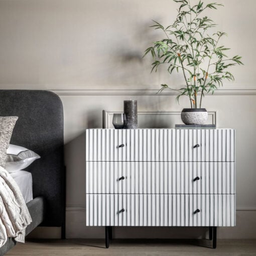 Boho Scandi White Wood And Black Metal 3 Scalloped Drawer Chest Of Drawers