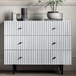 Boho Scandi White Wood And Black Metal 3 Scalloped Drawer Chest Of Drawers