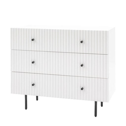 Boho Scandi White Wood And Black Metal 3 Scalloped Drawer Chest Of Drawers