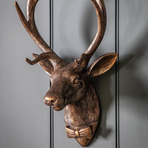 Boho Hipster Sir Stag Deer Head With Monocle Antique Gold Wall Decoration 46cm