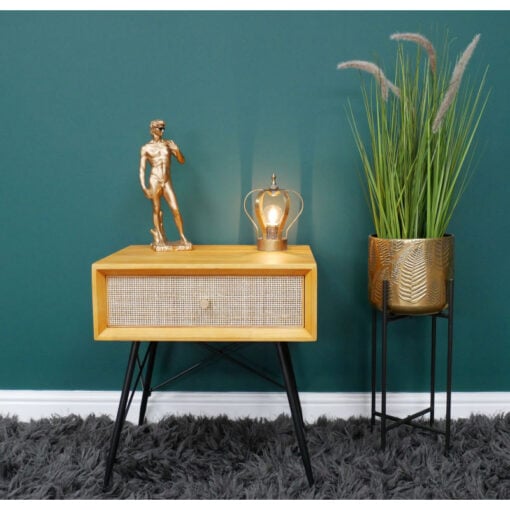 Boho Solid Light Rubber Wood And Rattan Cane 1 Drawer Bedside Cabinet Side Table With Black Metal Legs