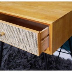 Boho Solid Light Rubber Wood And Rattan Cane 1 Drawer Bedside Cabinet Side Table With Black Metal Legs