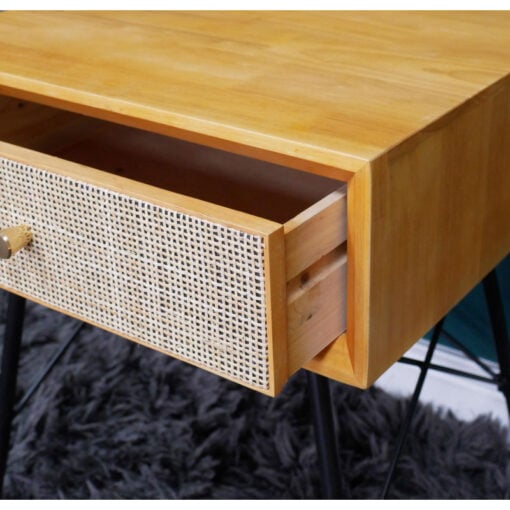 Boho Solid Light Rubber Wood And Rattan Cane 1 Drawer Bedside Cabinet Side Table With Black Metal Legs