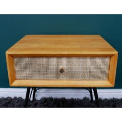 Boho Solid Light Rubber Wood And Rattan Cane 1 Drawer Bedside Cabinet Side Table With Black Metal Legs