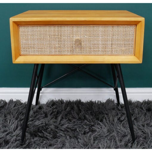 Boho Solid Light Rubber Wood And Rattan Cane 1 Drawer Bedside Cabinet Side Table With Black Metal Legs